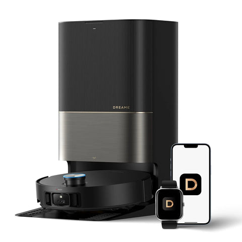 DREAME X50 Ultra robot vacuum and mop with auto-empty base; black body, stainless steel panel, plus phone and watch