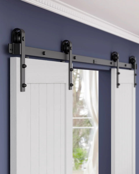 Heavy Duty 14 Ft Barn Door Hardware Kit For Double Doors, Black Sliding Track With Steel Hanger, Installed View