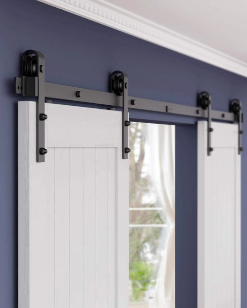 13 Ft Barn Door Hardware Kit For Double Doors, Sliding Track System for Cabinets and Closets with Black Steel Hanger