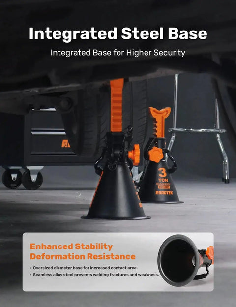 3 Ton Jack Stands With Integrated Steel Base And Double Locking For SUV, under vehicle, highlighting steel base stability