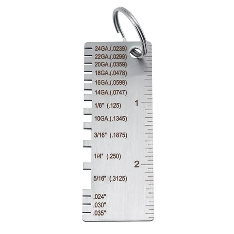 Stainless Steel Thickness Gauge For Welding And Metal Fabrication Pro Grade DIY Friendly Tool Measures 24GA 22GA 20GA 18GA 16GA 14GA On Steel Sheet And Wire, close-up view showing measurement markings.