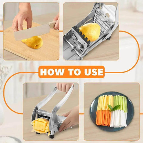 Effortless French Fry Cutter With Dual Stainless Steel Blades Quick Potatoes Slicer For Home Kitchen Make Crispy Fries In Seconds Ergonomic Handle Veggie Cutters For Carrots And More shown in use slicing potatoes and vegetables