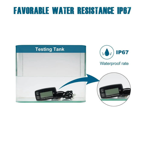 Dual Channel Engine Temperature Gauge With Backlit LCD And Overheat Alerts in waterproof testing tank showing IP67 rating.