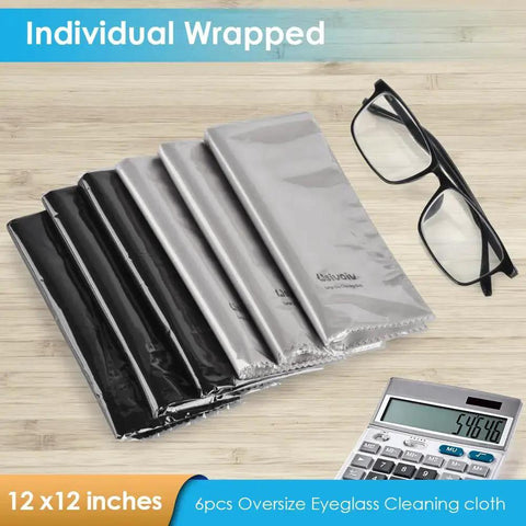 6 Pack 12x12 Microfiber Cloths For Glasses And Screens Individually Wrapped with eyeglasses and calculator on a table