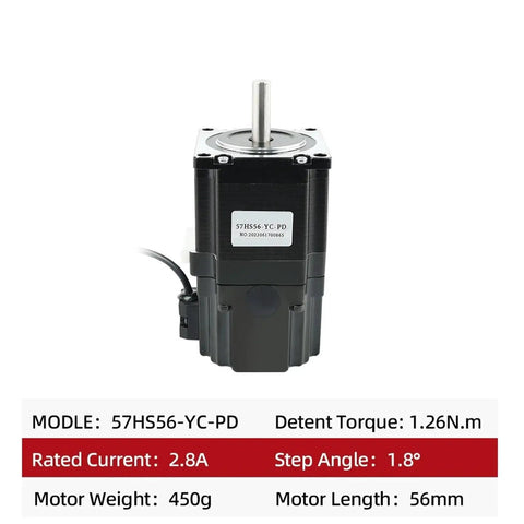 Front view of MOICEYHF NEMA23 stepper motor with silver shaft, black housing, 57HS56-YC-PD label.