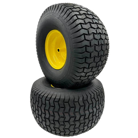 Set Of Two 20x10.00-8 Lawn Mower Wheels With Tire And Rim On Three Quarter Inch Axle Hub, Yellow Rim, Four Ply Tire, Ready To Roll