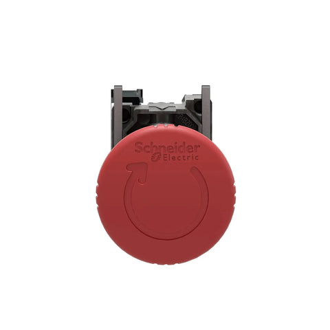 Front view of Harmony XB4 Emergency Stop Push Button Switch For 22mm Panel Cutouts With Latched Turn To Release 1NC Contacts