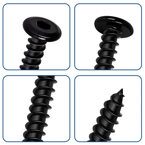 Close-up of black flat head socket cap self-tapping screw, 304 stainless steel, hex drive, 18-8, 20mm length, DIY use.