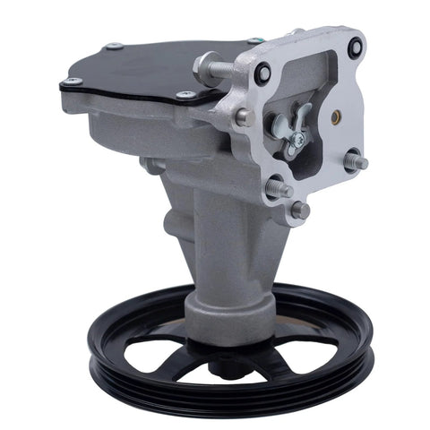 TUCAREST brake vacuum pump with black pulley, gray metal housing, side view