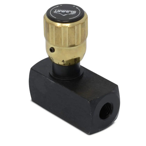 Hydraulic In Line Adjustable Variable Flow Control Valve with Free Rev Flow, 1/4 Inch NPT, black body, brass knob