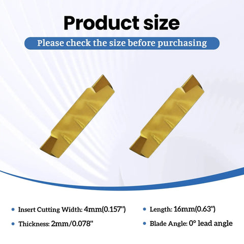 20Pcs MGMN200 G 2mm Grooving Cutoff Carbide Inserts with CVD Yellow Coating showing dimensions and fit for CNC tooling.