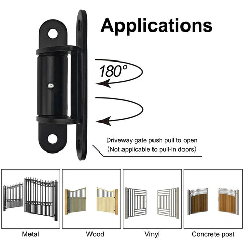 Heavy Duty 7 Inch Gate Hinges 2062P 1100Lb Capacity for Driveways Fences and Barn Doors Bolt On or Weld On Ball Bearing Design with Reinforced Thrust Bearings Rust Black Finish 2 Pack shown with 180° rotation applications and metal, wood, vinyl, and concrete post examples.