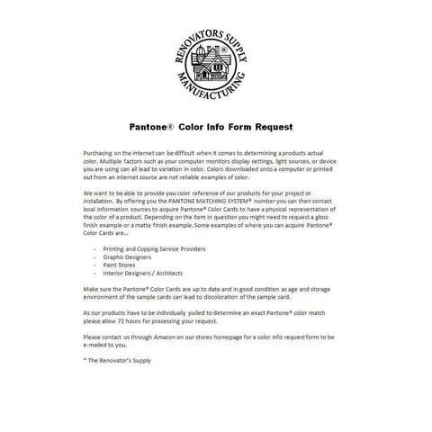 Pantone Color Info Form Request by Renovators Supply Manufacturing with information on product color verification and usage.