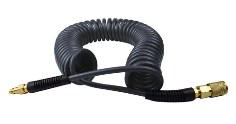 Coiled black durable polyurethane recoil air hose 1/4 inch inner diameter, 25 ft long, with quick coupler and bend restrictor, 2 pack.