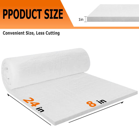 MMasters ceramic fiber insulation blanket roll, 24 in × 8 in × 1 in, white, fireproof and heat resistant