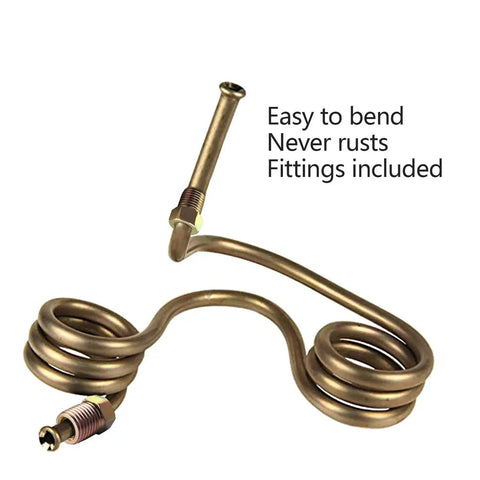 Front view of 25 ft copper-coated brake line coil with 3/16 in tubing and SAE fittings
