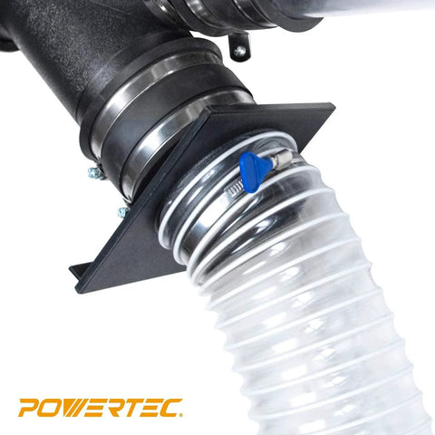 POWERTEC 1-1/2 inch adjustable stainless steel hose clamp with blue thumb screw on dust-collection hose