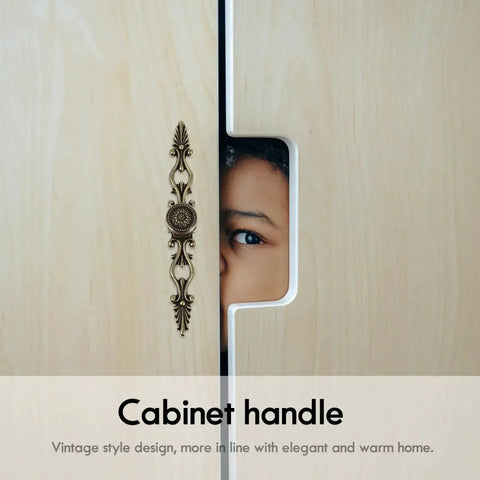 Antique Bronze Cabinet Pulls 6.88 Inch Zinc Alloy Wardrobe Drawer Handles Vintage Carved Hardware mounted on wooden cabinet