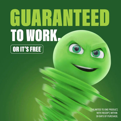 Green animated character with "Guaranteed to Work or It's Free" text on a green background