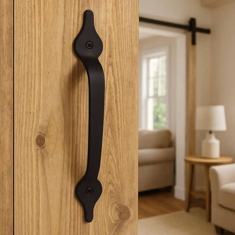 2 Pack 11 Inch Heavy Duty Steel Barn Door Handle With Unstoppable Grip For Gates Sheds And Cabinets Matte Black Pull Powerhouse Design Includes Screws For Easy Assembly installed on wooden door