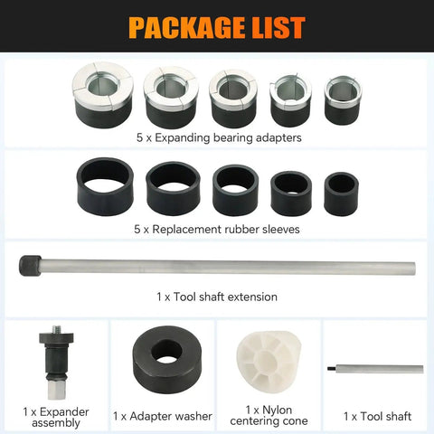 Engine Cam Bearing Removal And Installation Tool Set with adapters, sleeves, shaft, shown in package list. Durable 45 steel construction.