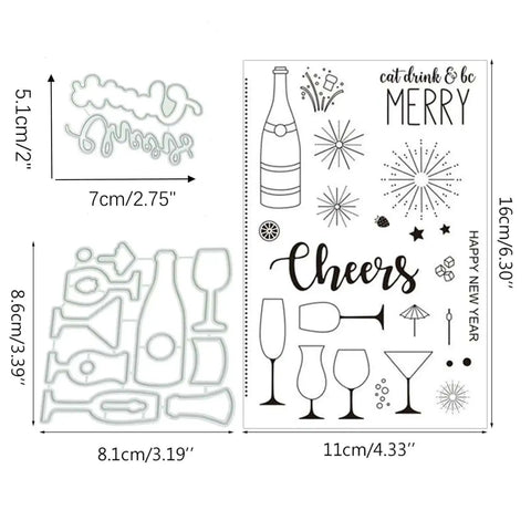 Wine Glass Clear Stamp and Die Set for Card Making with Silicone Stamp Seals, showing wine and celebration-themed designs.