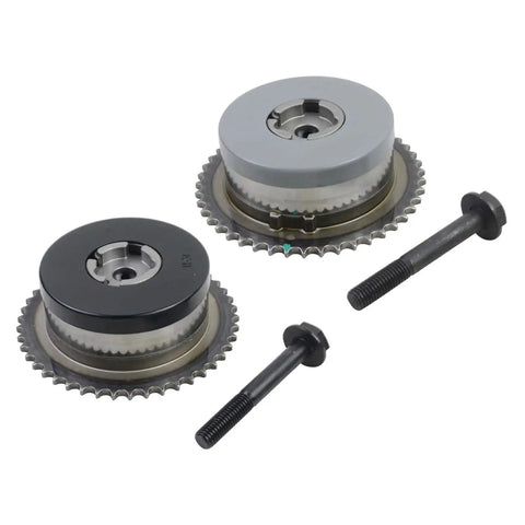Pair of camshaft timing phasers with gear rings and mounting bolts, gray and black metal automotive parts