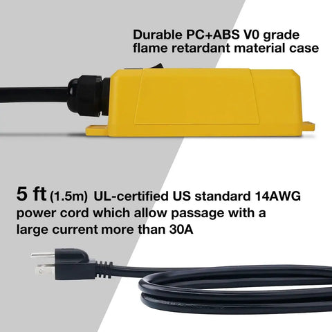 Automatic Vacuum Switch With Five Foot Power Cord For Power Tools And Table Saws Lets Your Vacuum Turn On And Off Automatically When The Tool Starts, Includes On Delay To Prevent Overload And Delayed Shutoff For Dust Collector, showing yellow case and 5 ft UL-certified power cord.