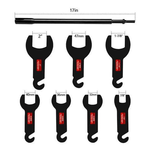 Eight Piece Pneumatic Fan Clutch Wrench Set With 43300 Removal Tool Kit for Ford GM Chrysler Jeep auto repair spanner kit shown.