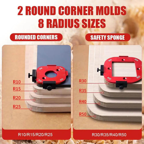 Pro Grade Aluminum Router Corner Radius Template Set With Eight Radius Sizes R10 To R50 in red and black on rounded wood edges.