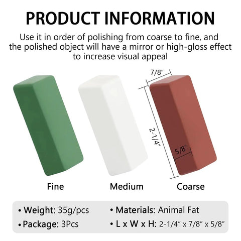 Buffing Polishing Compounds Kit 4 Oz Green Fine White Medium Red Coarse 3 Pack with product information and dimensions.