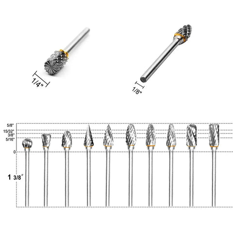 Beefy Pro Grade Tungsten Carbide Rotary Burr Set Ten Piece Double Cut Bits For DIY Carving Engraving And Drilling, sizes shown.