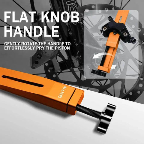 Pro Grade Brake Caliper Piston Press Tool for Hydraulic Disc Brakes with flat knob handle, showing precise piston alignment for SRAM.