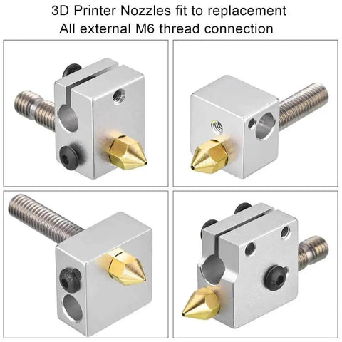 Four images of Eight 0.6mm MK8 Extruder Nozzles for 3D Printers, compatible with Ender 3, Ender 5, CR 10, MakerBot, Anet A8