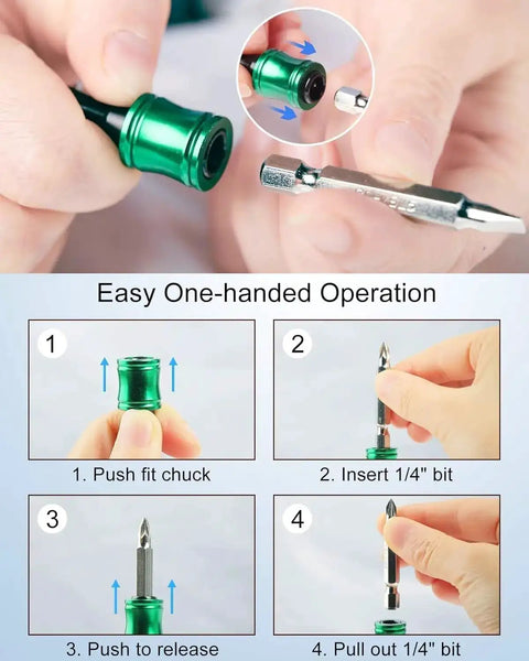 Hands demonstrating the Six Piece One Quarter Inch Hex Shank Aluminum Bit Holder Set with Quick Change Extension Bar Keychain Drill Adapter.