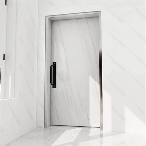 Black 4 Piece Barn Drawer Pulls Set With Flat Head Long Base Design installed on a modern white door.