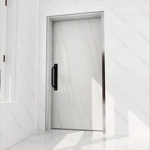 8 Piece Metal Barn Door Pull Set With Flat Head Long Base Design For Barn Doors Drawers And Cabinets In Black Two Sizes For A Wide Range Of Indoor And Outdoor Uses Built Tough Durable Aluminum Alloy Rust Resistant installed on a white door