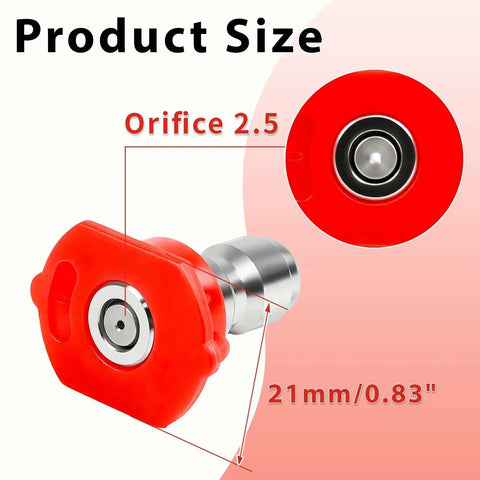 0 Degree Red Pressure Washer Nozzle With One Quarter Inch Quick Connect Seven Pack Replacement Nozzles For Power Washers Up To Four Thousand PSI Targets Hard To Reach Areas No Ladders Needed High Pressure Cleaning Kit, showing orifice size and dimensions at 21mm/0.83 inches