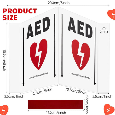 3D AED Projection Sign for Defibrillator Access Kigley Aluminum Panel Sign 5x6 Inches with Graphic showing dimensions and design