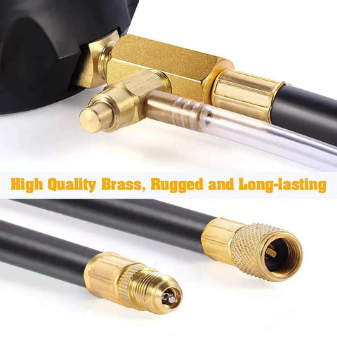 Close-up view of Fuel Injector Pressure Tester Gauge Kit 0 To 140 PSI With Adapters And Fittings showing brass components.