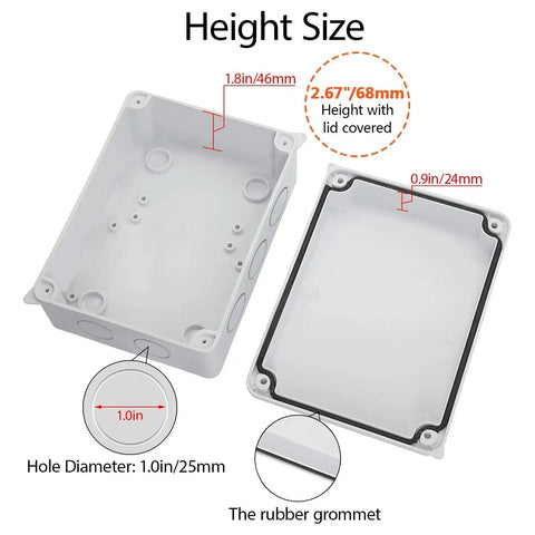 Open view of white ABS plastic junction box showing height dimensions, lid, and rubber grommet. Rugged Outdoor IP65 Weatherproof Dustproof Junction Box.