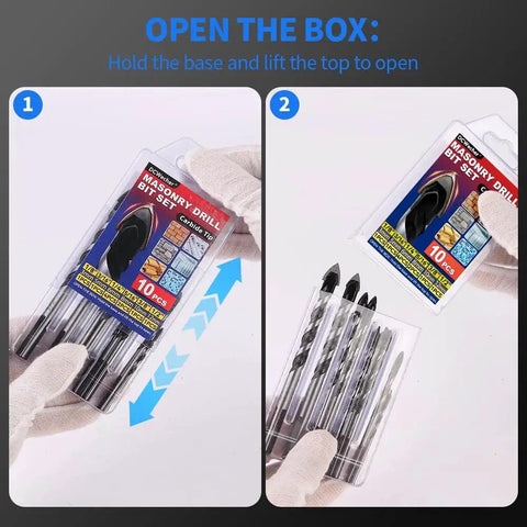 Heavy Duty Masonry Drill Bit Set for Concrete and Brick With Carbide Tips, 10-Piece, in packaging, hands opening box