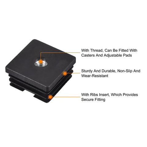 Four Pack M8 Threaded Inserts For One And A Half Inch Square Tube Black Plastic Plug Caster Inserts with thread and ribs