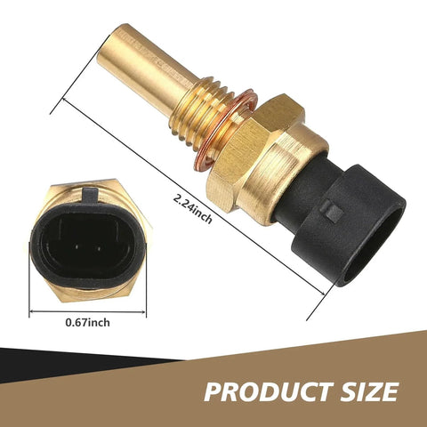 Drop In Replacement 2 Pin Car Coolant Temperature Sensor with brass threads and plastic cap, size 2.24 x 0.67 inches.