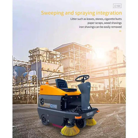 Ride On Industrial Floor Sweeper With 24 Gallon Dustbin And 65000 Sqft Per Hour Cleaning Power, Heavy Duty Shop Floor Cleaner in action