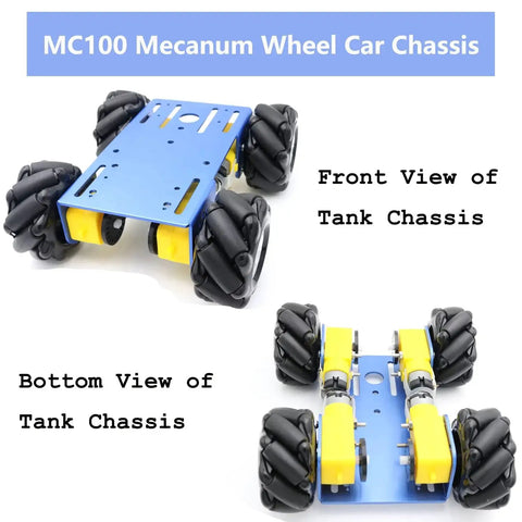Professional 60mm Mecanum Wheel Robot Chassis MC100 with omnidirectional wheels, front and bottom view, for Arduino Raspberry Pi projects