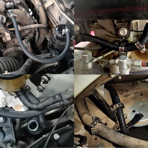 Automotive 5/8 in high-pressure transmission hose with clamps in engine bay, front view

Automotive 5/8 in high-pressure hose in engine bay, side view with clamps

Close-up of black 5/8 in transmission hose and metal hose clamp on fitting

Under-vehicle view of routed black hoses with clamps along chassis