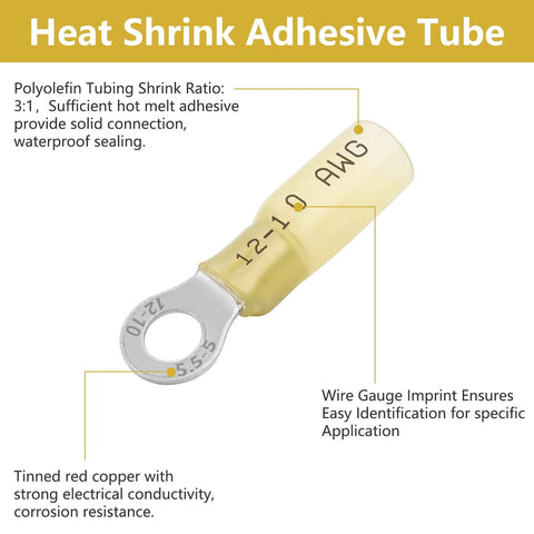 Heat shrink insulated eyelet ring terminal for 12-10 AWG wire; yellow sleeve, tinned red copper ring.