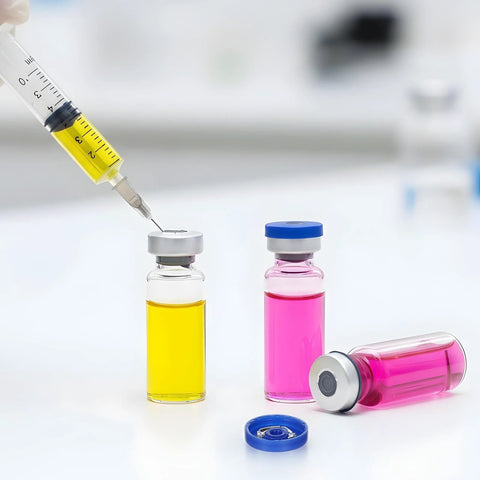 4 x 5ml glass empty vials with flip caps and self-healing injection port; yellow and pink liquids, syringe filling one vial.