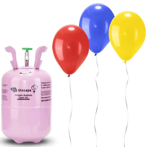 7L Home Helium Balloon Tank With Ribbons Fills Up To 30 Latex Balloons, shown with red, blue, and yellow balloons.